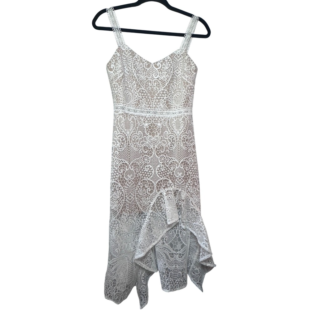 JAUS Jane The Label White Lace Midi Dress Nude Lining Handkerchief Hem Small NEW
